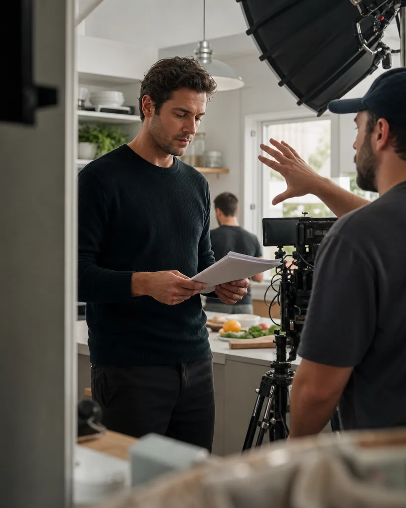 Actor rehearsing a line with the director beside the camera on a kitchen commercial set