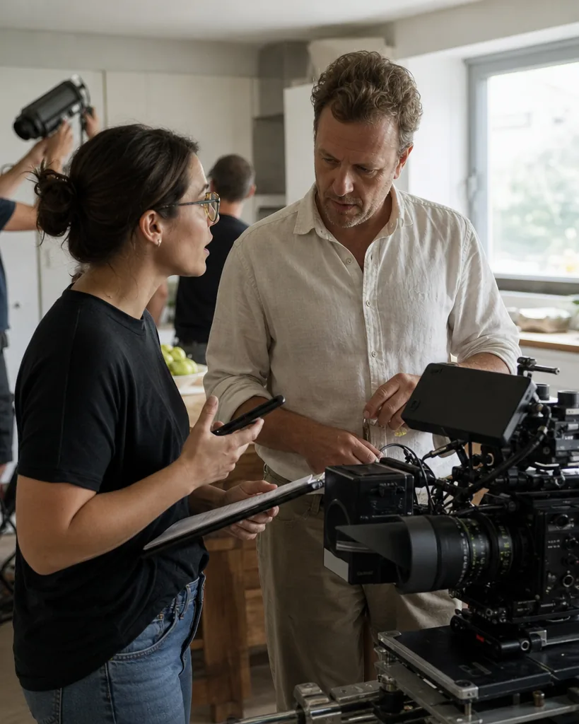 Brand producer confirming details with an actor beside the camera on a kitchen commercial set