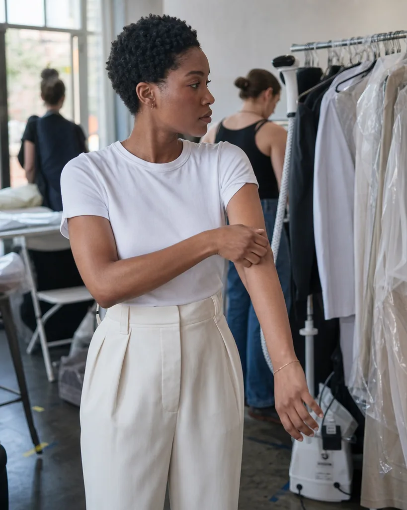 Behind the scenes of an e-commerce shoot in a New York loft, clothing rail and steamer next to the set