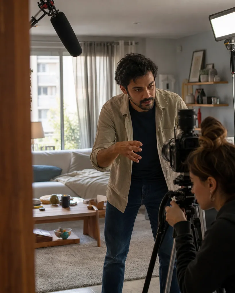 Actor delivering a line to a camera on a tripod in an apartment set up for a sketch