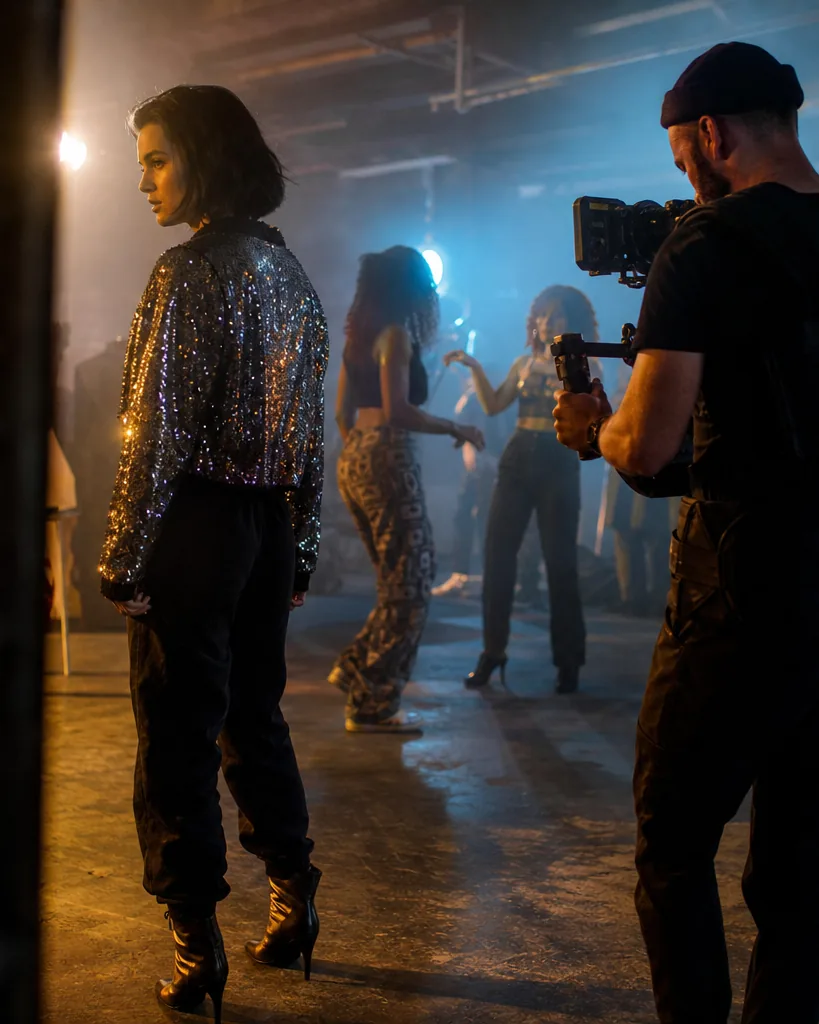 Lead performer lit in colored light while a camera operator films a music video in a warehouse