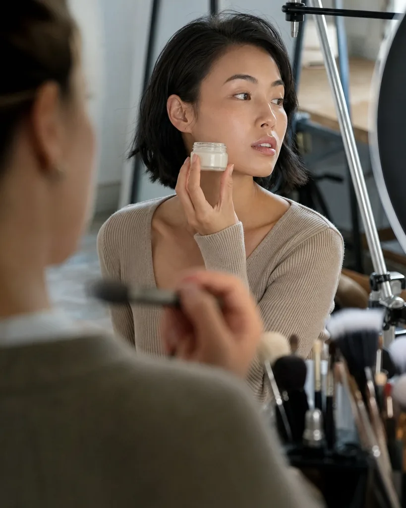 Beauty model holding a skincare jar on set in Los Angeles