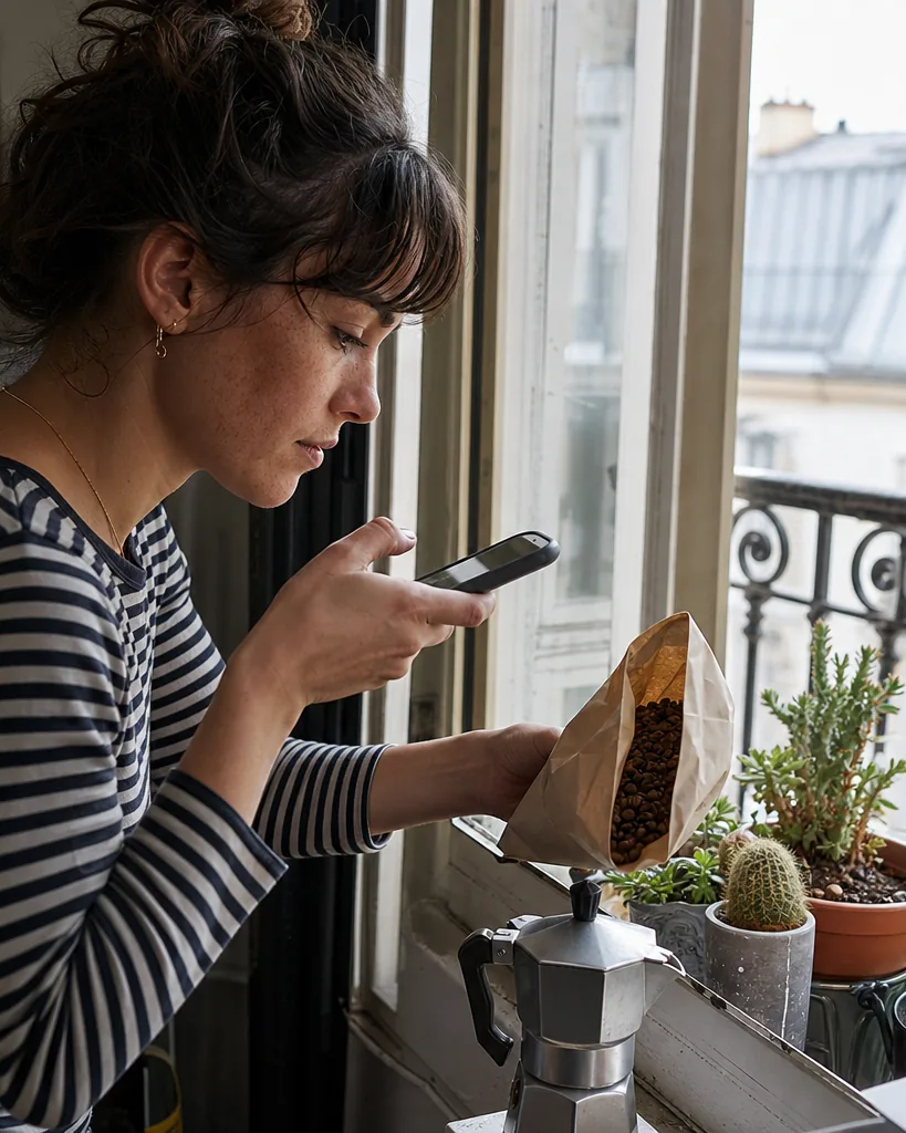UGC creator filming a coffee product at an apartment window