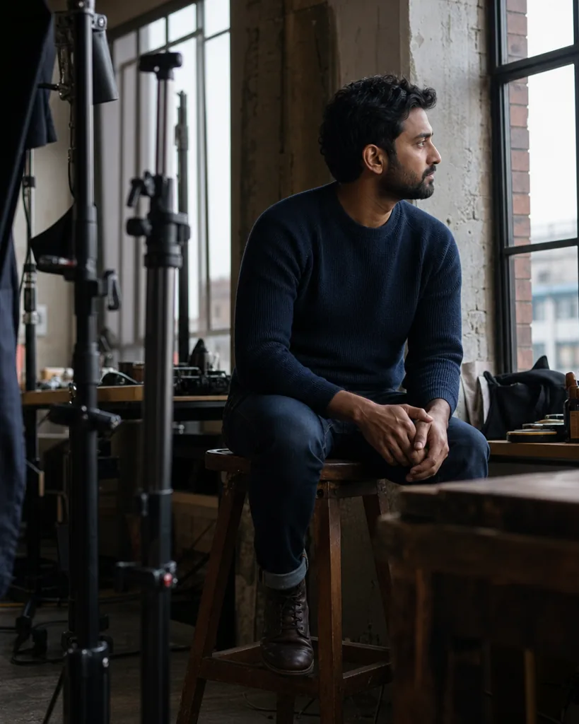 Model waiting between setups in a London daylight loft studio