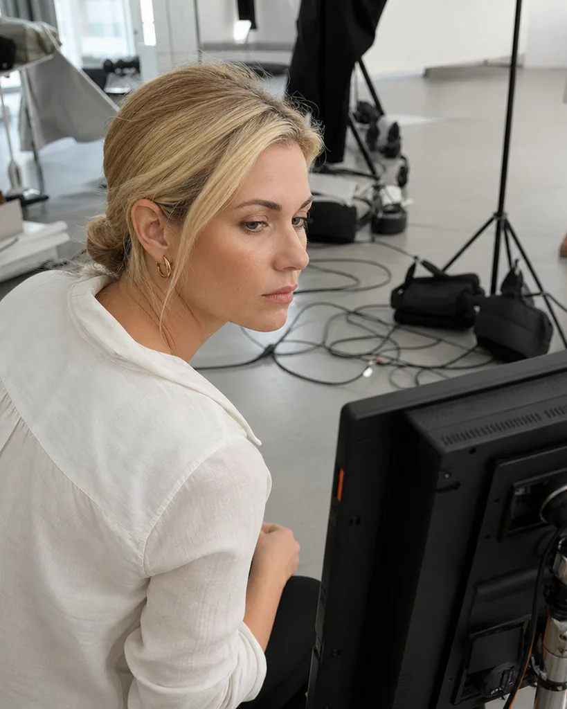 Model reviewing frames on the tethered monitor during a catalog shoot