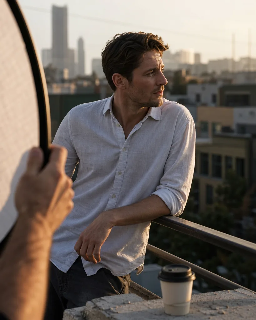 Model leaning on a rooftop railing during a lifestyle shoot in Los Angeles